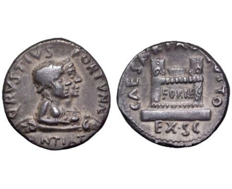 Augustus AR Denarius. Q. Rustius, moneyer. Rome, circa 19 BC. Q RVSTIVS FORTVNAE, jugate busts of Fortuna Victrix wearing rou