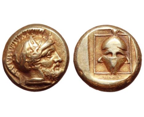 Lesbos, Mytilene EL Hekte. Circa 412-378 BC. Head of Ares right, wearing crested helmet decorated with a griffin on bowl / Fa