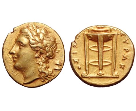 Sicily, Syracuse EL 50 Litrai. Time of Agathokles, circa 310-304 BC. Laureate head of Apollo left, altar behind / Tripod lebe