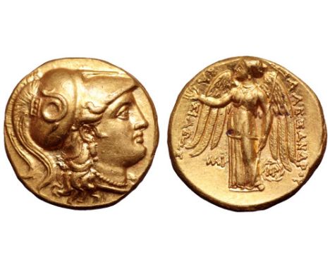 Seleukid Kings of Syria, Seleukos I Nikator AV Stater. Babylon, circa 311-300 BC. Head of Athena right, wearing crested Corin