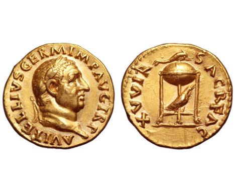 Vitellius AV Aureus. Rome, August - December AD 69. A VITELLIVS GERM IMP AVG TR P, laureate head right / XV VIR SACR FAC, tri