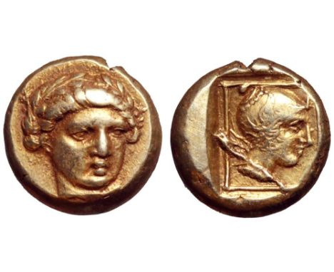 Lesbos, Mytilene EL Hekte. Circa 357-326 BC. Laureate head of youthful Apollo three-quarters facing / Head of an Amazon to ri