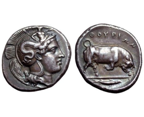 Lucania, Thourioi AR Stater. Circa 400-350 BC. Head of Athena right, wearing crested Attic helmet decorated with Skylla / Bul