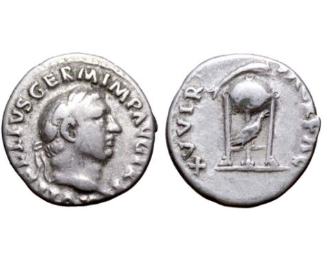 Vitellius AR Denarius. Rome, AD 69. A VITELLIVS GERMANICVS IMP, bare head right / XV VIR SACR FAC, tripod, raven below, dolph