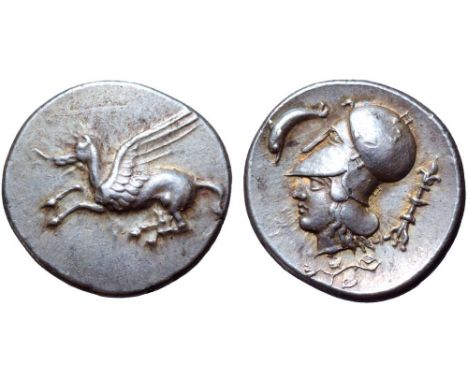 Corinthia, Corinth AR Stater. Circa 400-375 BC. Pegasos flying left / Head of Athena left, wearing Corinthian helmet; dolphin