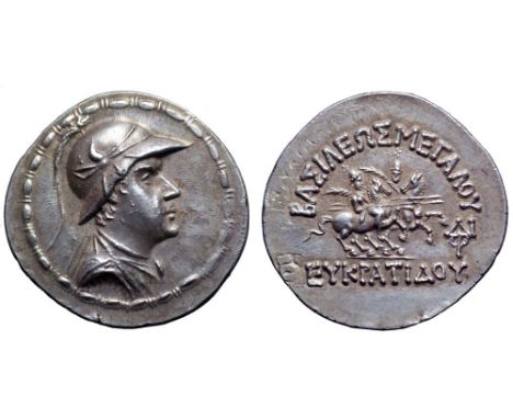 Greco-Baktrian Kingdom, Eukratides I 'the Great' AR Tetradrachm. Circa 170-145 BC. Diademed and draped bust right, wearing he