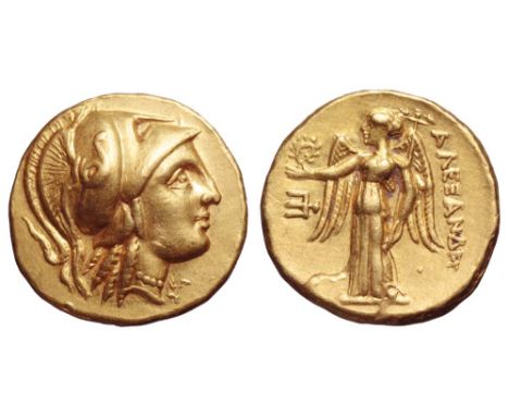 Kingdom of Macedon, Alexander III 'the Great' AV Stater. Amphipolis, circa 307-300 BC. Helmeted head of Athena right / Nike s