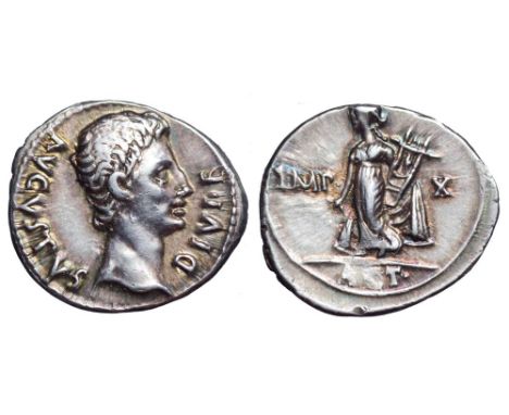 Augustus AR Denarius. Lugdunum, 15-13 BC. AVGVSTVS DIVI F, bare head of Augustus right / Apollo Citharoedus standing left in 