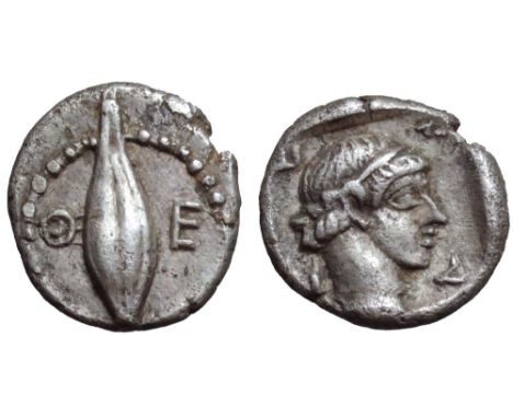 Ionia, Magnesia ad Maeandrum AR Hemiobol. Themistokles, governor. Circa 465-459 BC. Barley grain; ΘE monogram to left, E to r
