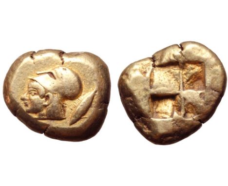 Mysia, Kyzikos EL Stater. Circa 550-500 BC. Head of Athena left, wearing Corinthian helmet; tunny fish behind / Quadripartite