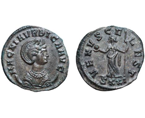 Magnia Urbica Æ Antoninianus. Ticinum, August AD 283. MAGNIA VRBICA AVG, diademed and draped bust right, set on crescent / VE