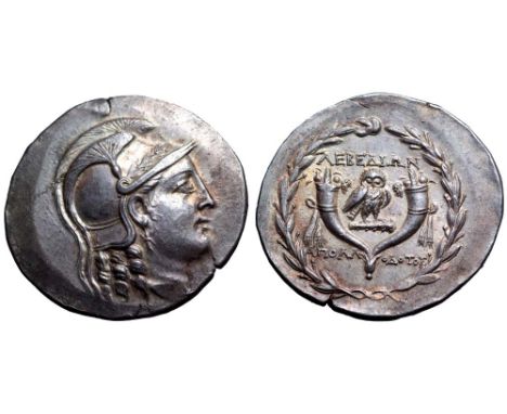 Ionia, Lebedos AR Tetradrachm. Circa 160-140 BC. Stephanophoric type. Apollodotos, magistrate. Head of Athena right, wearing 