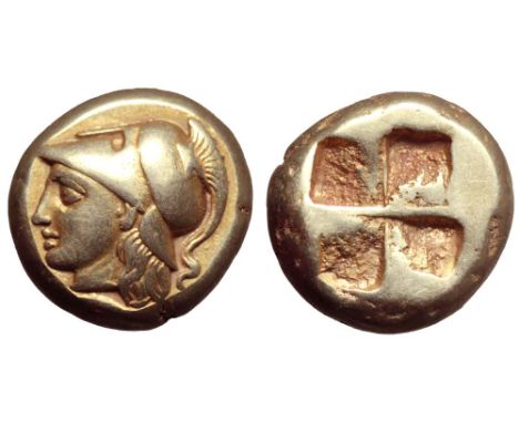 Ionia, Phokaia EL Hekte. Circa 387-326 BC. Head of Athena left, wearing crested Corinthian helmet; below, seal to left / Quad