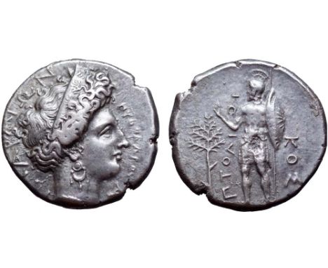 Crete, Aptera AR Stater. Signed by Pythodoros. Circa 4th century BC. Α[ΠΤAΡΑΙΩΝ] around head of Artemis Aptera to right, with