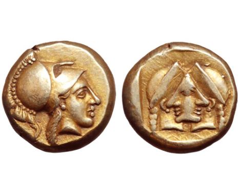 Lesbos, Mytilene EL Hekte. Circa 454-427 BC. Head of Athena wearing crested Corinthian helmet to right / Two confronted femal