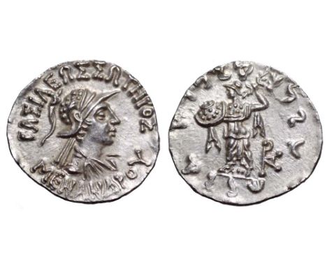 Indo-Greek Kingdom, Menander I Soter AR Drachm. Circa 155-130 BC. Diademed and draped bust right, wearing crested helmet with