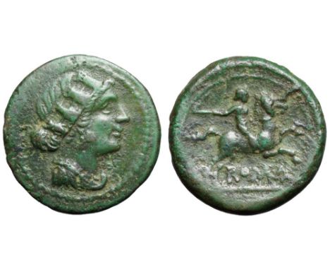 Anonymous Æ Semuncia. Rome, 217-215 BC. Female bust right, draped and wearing turreted crown / Horseman right, holding rein a