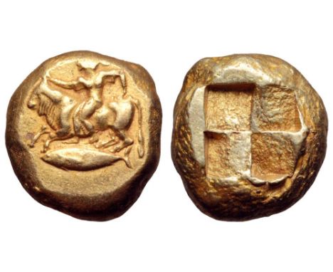 Mysia, Kyzikos EL Stater. Circa 500-450 BC. Europa, hair tied up in bun and wearing short-sleeved garment, seated on the back