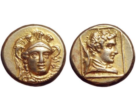 Lesbos, Mytilene EL Hekte. Circa 375-325 BC. Head of Athena three-quarters facing, wearing triple-crested Attic helmet, earri