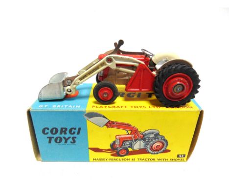 A CORGI NO.53, MASSEY-FERGUSON 65 TRACTOR WITH SHOVEL  red and cream with a silver shovel and red metal wheels, good conditio