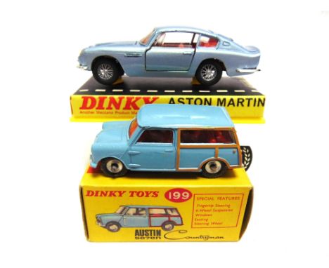 TWO DINKY DIECAST MODEL CARS  comprising a No.199, Austin Seven Countryman, pale blue with tan simulated woodwork, spun hubs,