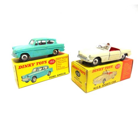 TWO DINKY DIECAST MODEL CARS  comprising a No.113, M.G.B. Sports Car, cream, spun hubs, complete with driver figure and prote
