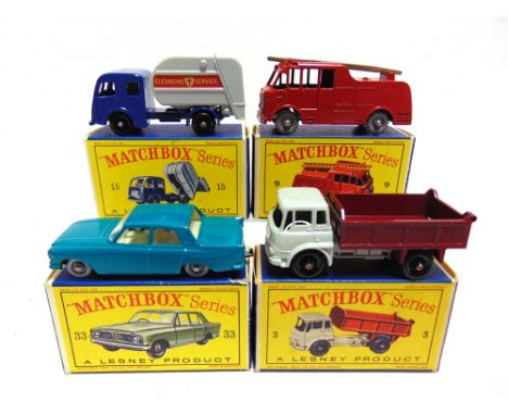 FOUR MATCHBOX 1-75 SERIES REGULAR WHEEL MODELS  comprising a No.3, Bedford 7 1/2 Ton Tipper, pale grey and maroon, black plas