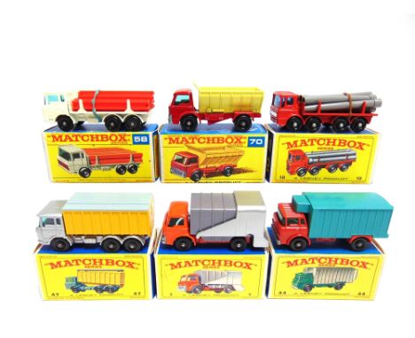 SIX MATCHBOX 1-75 SERIES REGULAR WHEEL MODELS  comprising a No.7, Ford Refuse Truck, orange, grey and silver, black plastic w