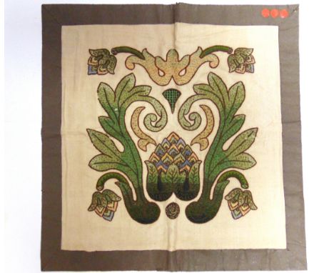 SIX NEEDLEWORK PANELS  mainly wool embroidery, one labelled verso 'J. & E. Kerr, Embroidery Studio, Community House, Gloucest