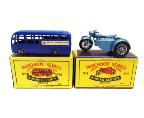 TWO MATCHBOX 1-75 SERIES REGULAR WHEEL MODELS  comprising a No.4, Triumph T111 and Sidecar, metallic blue, mint, boxed, the b