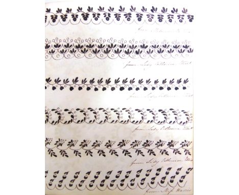 A MANUSCRIPT EMBROIDERY PATTERN BOOK circa 1822, comprising approximately 125 leaves of designs, in ink and grey/black washes