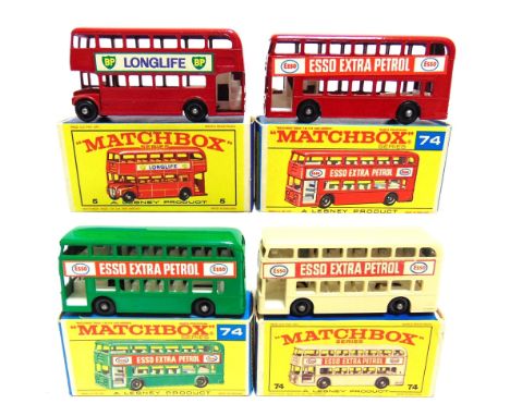 FOUR MATCHBOX 1-75 SERIES REGULAR WHEEL MODELS  comprising a No.5, Routemaster Bus 'BP Longlife', red, black plastic wheels, 