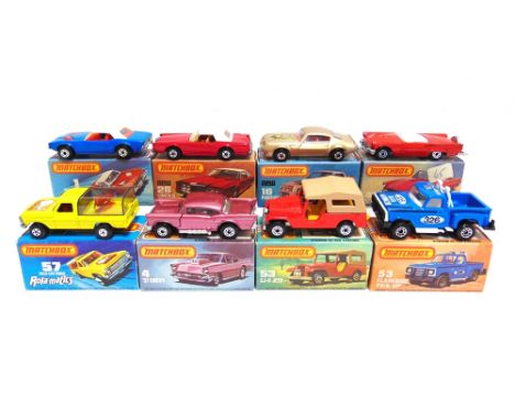 EIGHT MATCHBOX 1-75 SERIES SUPERFAST WHEEL MODELS  comprising a No.1, Dodge Challenger, blue; No.4, '57 Chevy, metallic mauve