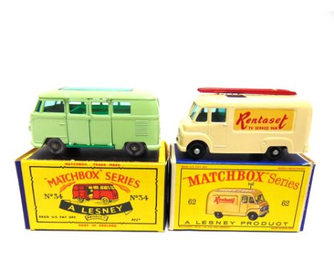 TWO MATCHBOX 1-75 SERIES REGULAR WHEEL MODELS  comprising a No.34, Volkswagen Caravette, pale green, grey plastic wheels, nea