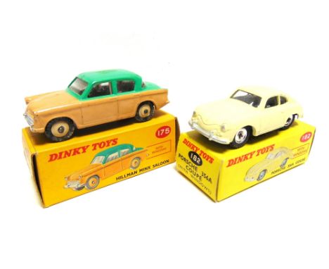 TWO DINKY DIECAST MODEL CARS  comprising a No.175, Hillman Minx Saloon, two-tone green over pale brown with beige ridged hubs
