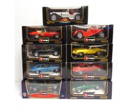 NINE 1/18 SCALE BBURAGO DIECAST MODEL CARS  comprising a 1961 Jaguar E-Type Coupe, British racing green; 1961 Jaguar E-Type C
