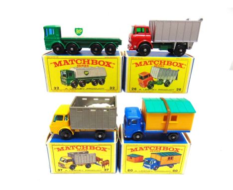 FOUR MATCHBOX 1-75 SERIES REGULAR WHEEL MODELS  comprising a No.26, G.M.C. Tipper Truck, red, silver and green, black plastic