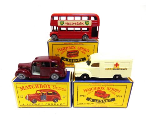 THREE MATCHBOX 1-75 SERIES REGULAR WHEEL MODELS  comprising a No.5, Routemaster Bus 'BP Visco-static', red, grey plastic whee