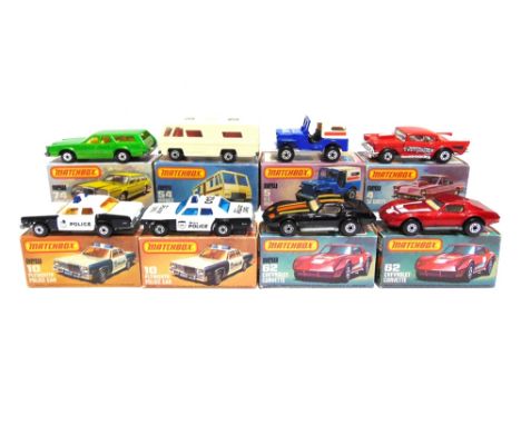 EIGHT MATCHBOX 1-75 SERIES SUPERFAST WHEEL MODELS comprising a No.4, '57 Chevy, red and white 'Cherry Bomb'; No.5, U.S. Mail 