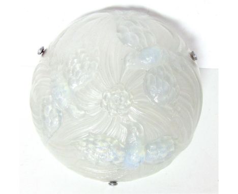 AN ART DECO JOBLING PLAFONNIER of frosted clear glass with opalescent highlights, the bowl with a central flower circled by b