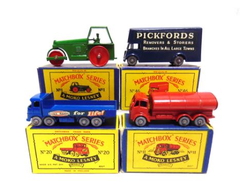 FOUR MATCHBOX 1-75 SERIES REGULAR WHEEL MODELS  comprising a No.1, Road Roller, darker green, red metal wheels, near mint, bo