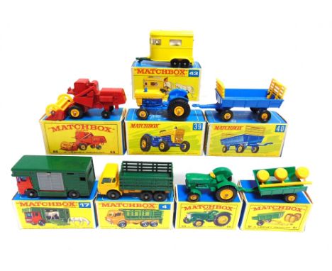 EIGHT MATCHBOX 1-75 SERIES REGULAR WHEEL MODELS  comprising a No.4, Dodge Stake Truck, yellow and green, black plastic wheels