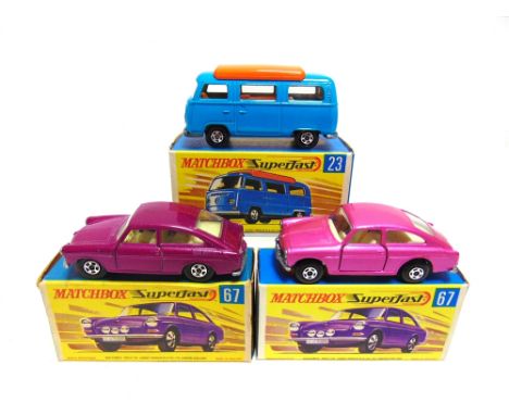 THREE MATCHBOX 1-75 SERIES SUPERFAST WHEEL MODELS  comprising a No.23, Volkswagen Camper, blue; No.67, Volkswagen 1600TL, met