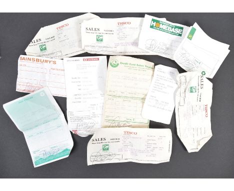 The Estate of Peter Wyngarde - a collection of x11 vintage purchase receipts from various stores and garages, all signed / au