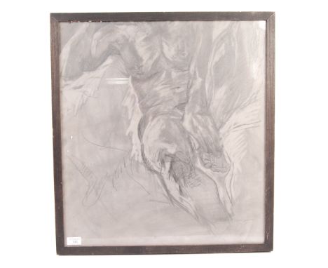 A 20th century charcoal and pencil study sketch of a partial male torso. Hand and foot raised, the torso being seated. Signed