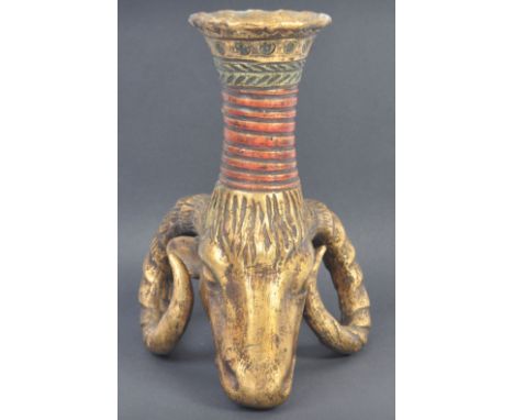 Unknown Production - an unusual believed prop Rams head figural candlestick holder / vase. Plaster construction, being gold p