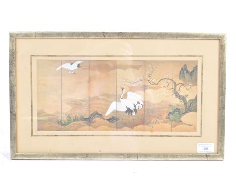 An early to mid-20th century fine Japanese silk panel print of storks / crane birds in a mountain setting. The silk divided i