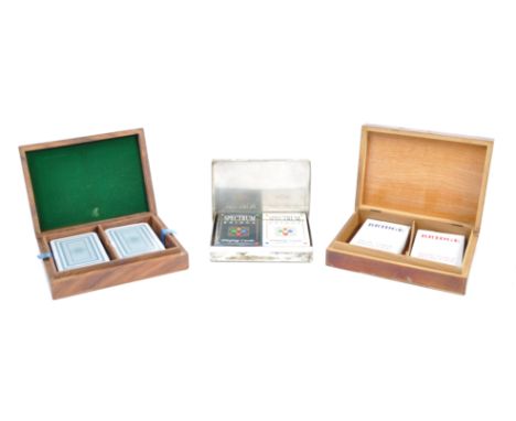Estate of Peter Wyngarde - a collection of x3 vintage playing card boxes. The first being a wooden inlaid example with silver