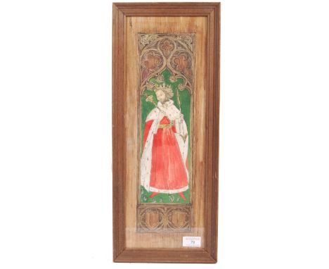 An original vintage likely mid-20th century watercolour in the form of a woodblock panel, depicting a medieval King. Wood eff