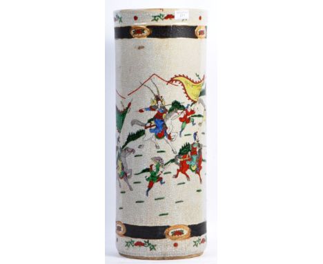 A large antique early 20th century Japanese crackle glazed ceramic Oriental vase / umbrella stand. Decorated with scenes of w